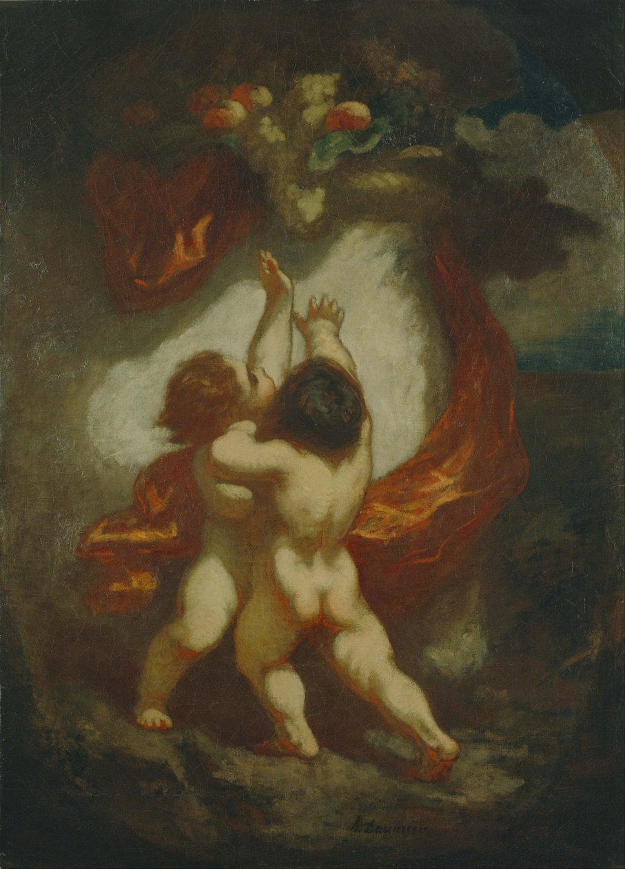 Meyveler İçin Çabalayan İki Putti by Honoré Daumier