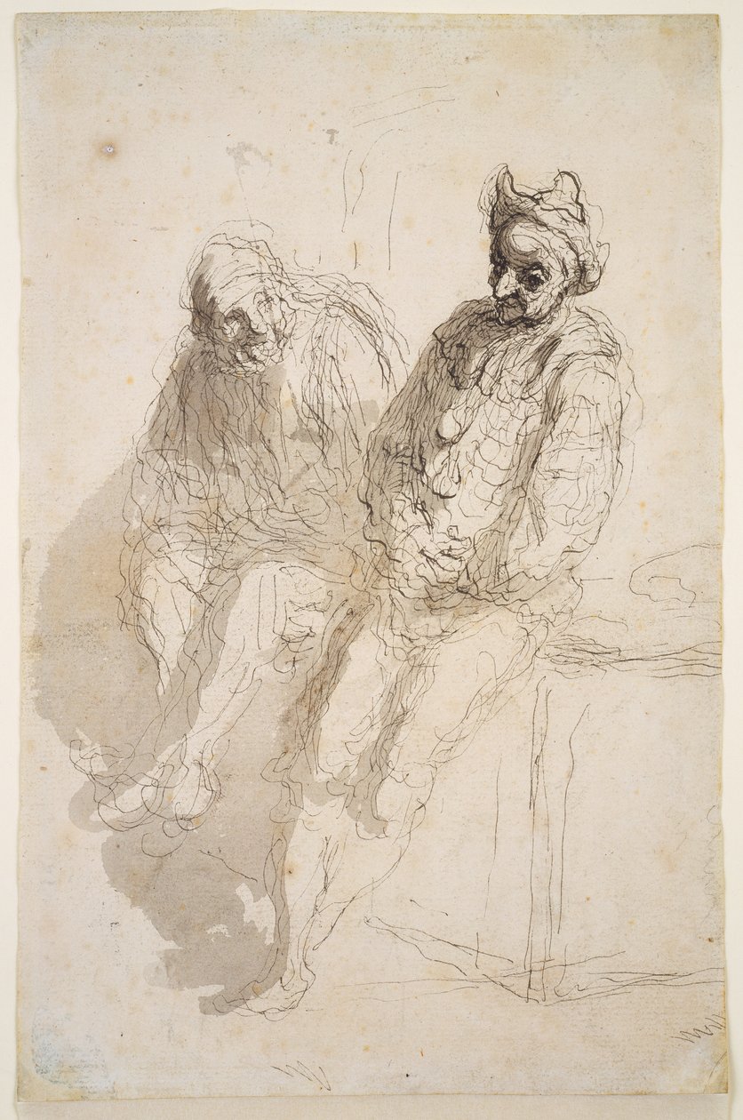 İki Saltimbanques, 1865-73 dolayları (siyah-gri mürekkep, kağıt üzerinde gri yıkama) by Honoré Daumier