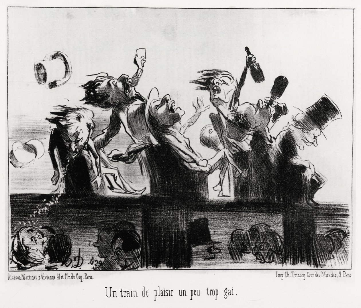20 Ağustos 1852 tarihli “Charivari” de yayınlanan, Les Chemins de fer dizisinde, Honore Daumier (1808-1879) tarafından yapılan resimde, biraz fazla gey bir zevk treni. by Honoré Daumier
