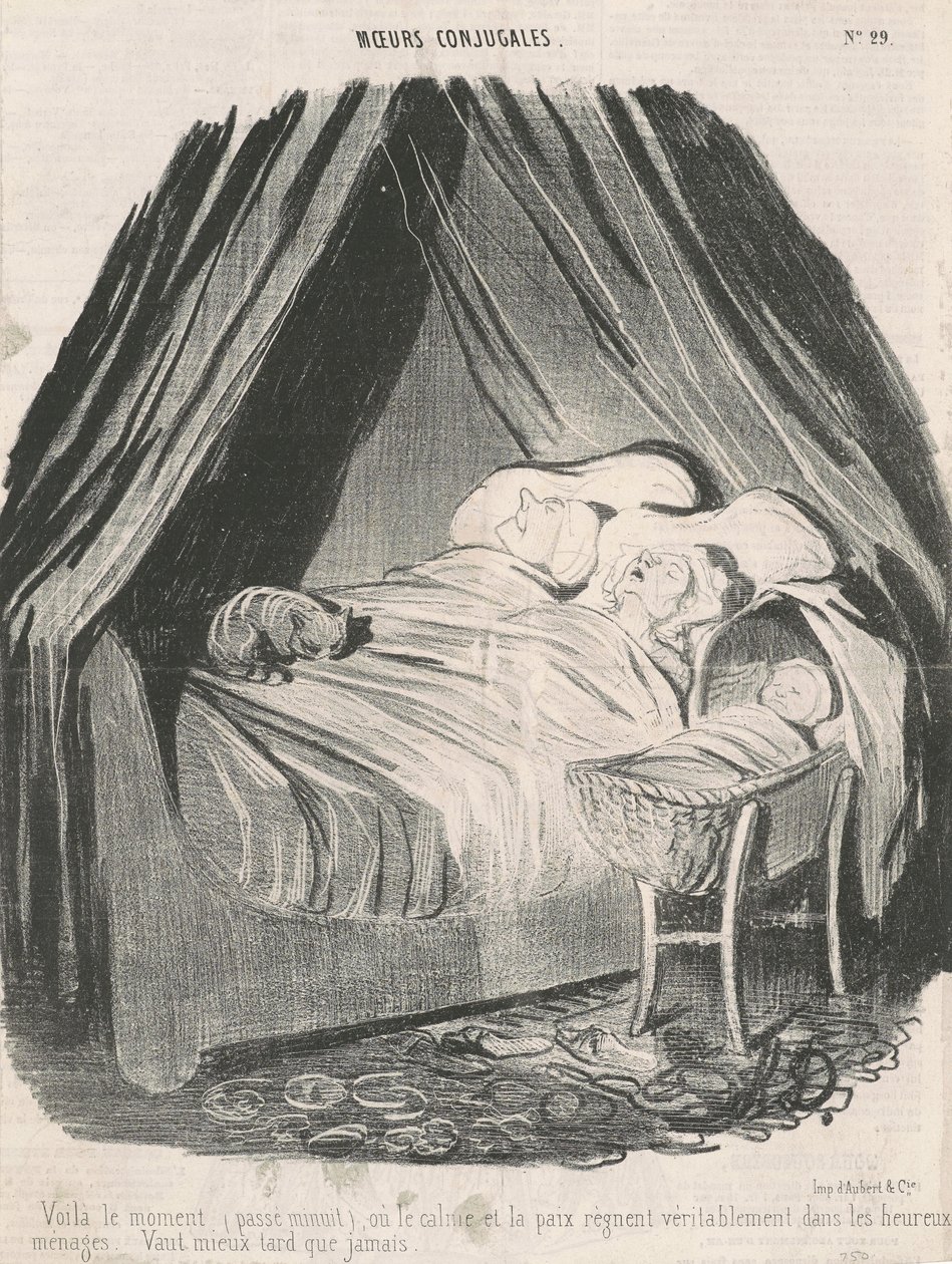 Bu, mutlu çiftlerde sükunet ve huzurun gerçekten hüküm sürdüğü zamandır (gece yarısından sonra). Geç olsun güç olmasın. by Honoré Daumier