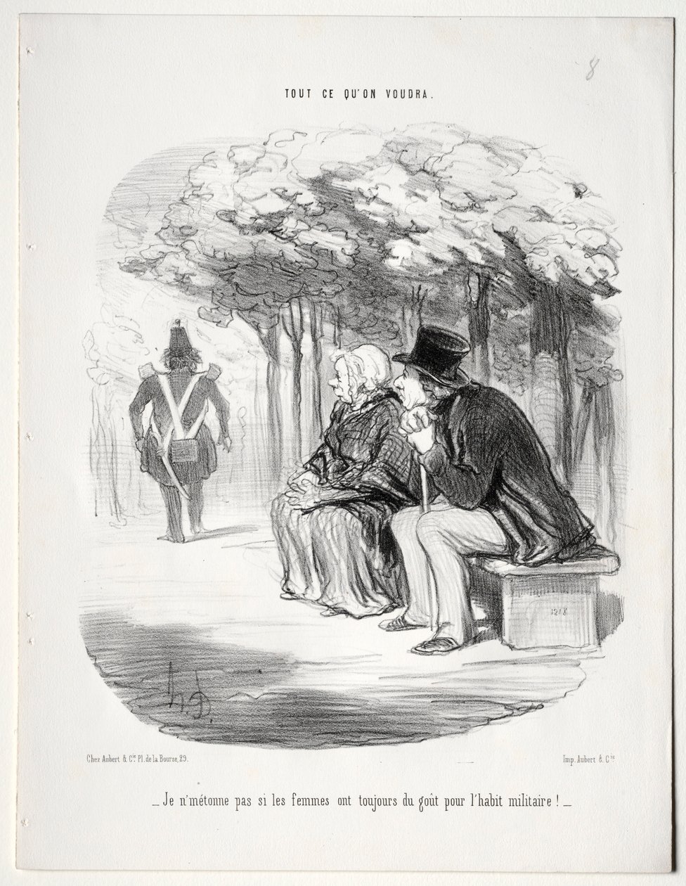 Ne yapacaksın, levha 51: Kadınların her zaman 1848 askeri üniformasına düşkün olmalarına şaşırmıyorum. by Honoré Daumier