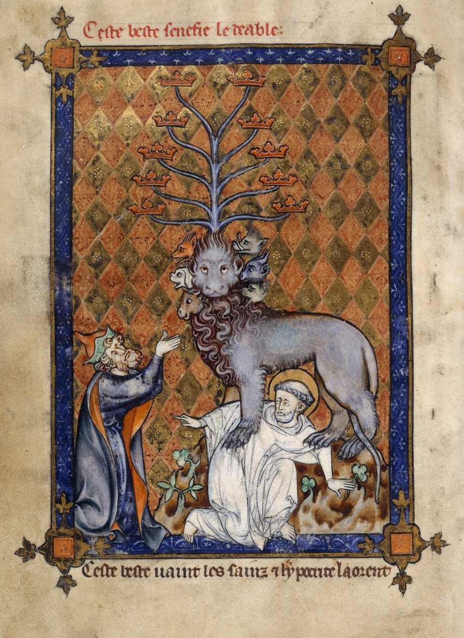 Ekle. 54180, f.14v Kıyamet Canavarı, bir azizi çiğneyen ve diz çökmüş bir ikiyüzlü tarafından tapılan, Frère Laurent