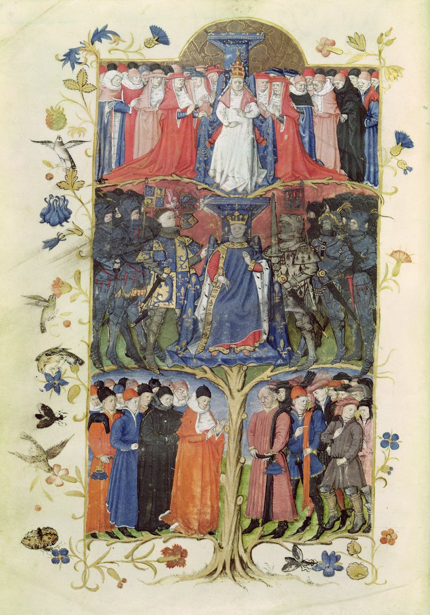 Ms 2695 f.6v The Tree of Battles: King Charles VII (1403-61) between the Dauphin, future Louis XI (1423-83) on his right and on his left, Arthur, Count of Richmond, Constable of France (1425-58) and D by Honore Bonnet