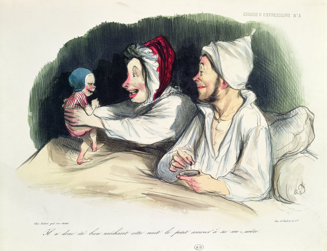 ತಮ್ಮ ಹೊಸ ಬೇಬಿ ಟರ್ಕಿಯೊಂದಿಗೆ ಭಾವಪರವಶ ಪೋಷಕರು by Honoré Daumier