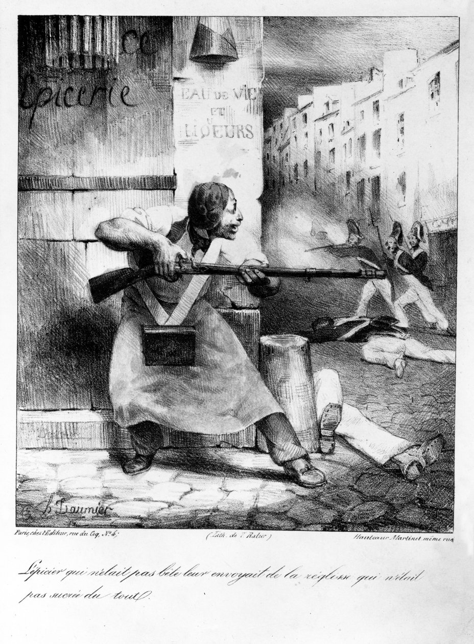 Rebel grocer fires on the gendarmes during the July Revolution, 1830  by Honoré Daumier