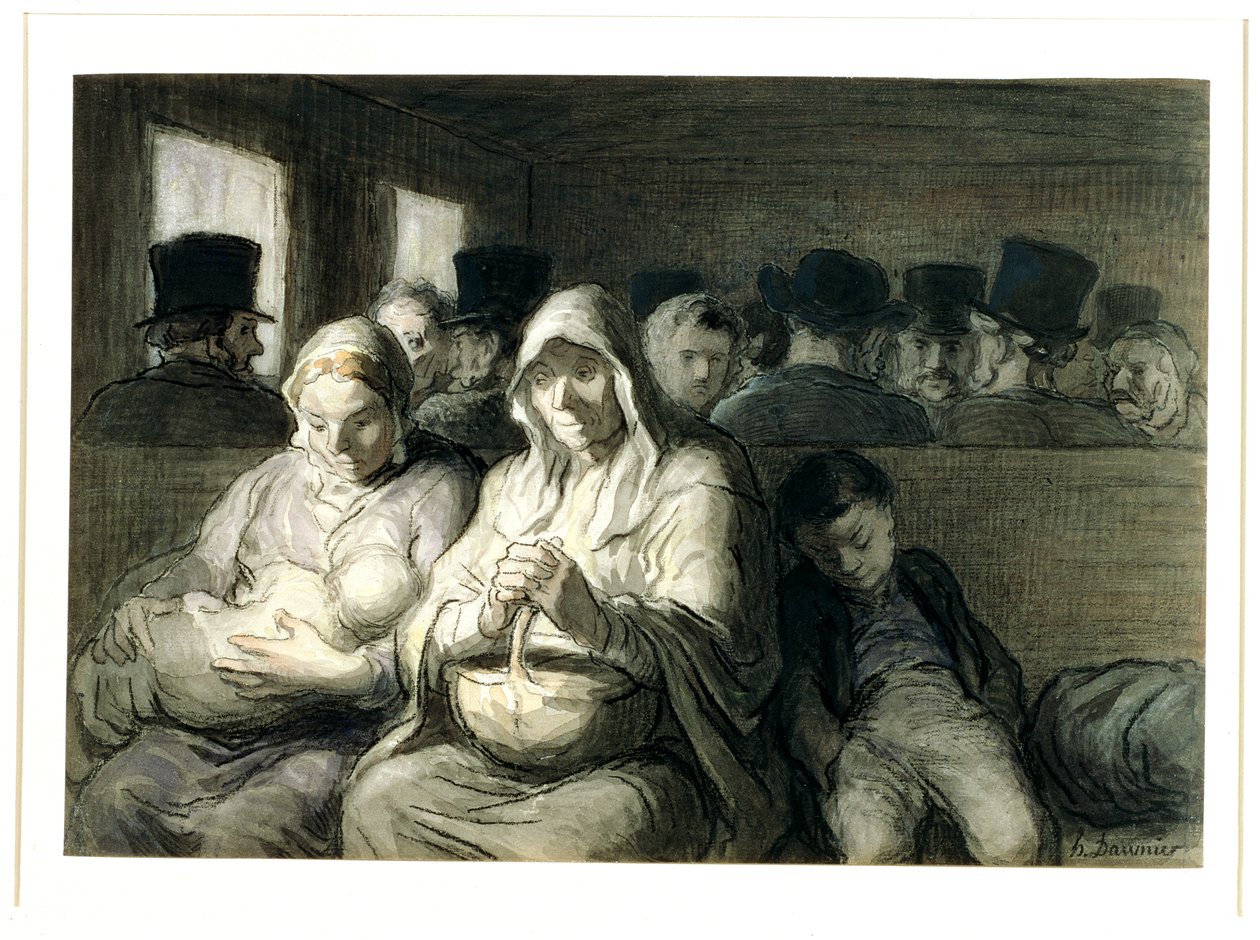 The Third Class Carriage, 1864 (wc ink wash und charcoal on paper) by Honoré Daumier