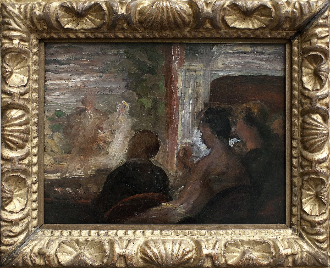 Bir tiyatro kulübesi. Honore Daumier (1808-1879), 1865 dolaylarında tablo. Art francais by Honoré Daumier