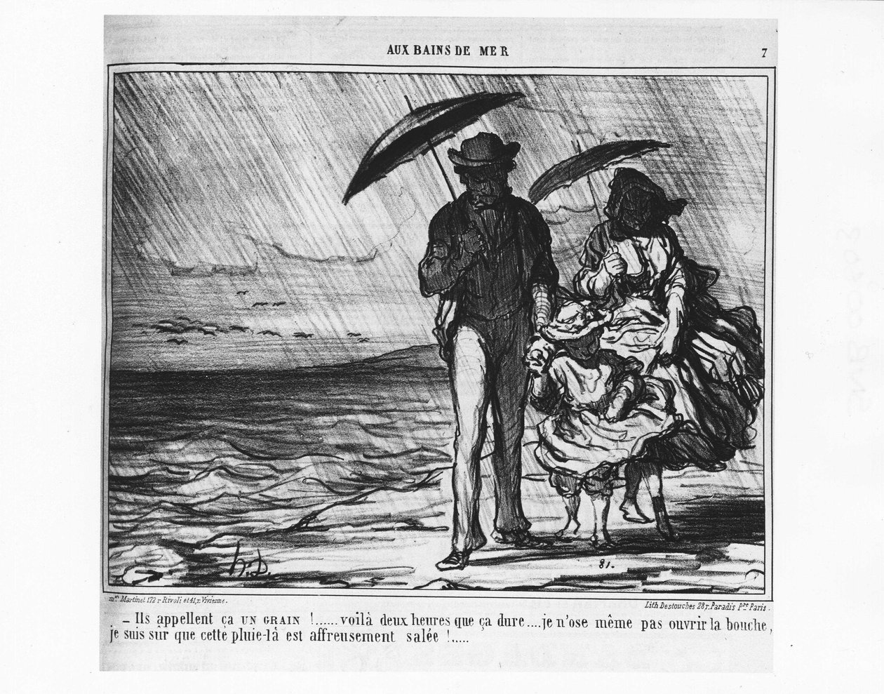 Deniz banyolarında: Sağanak yağmurda deniz kenarındaki Parisliler - Daumier tarafından, 19/09/1859 tarihli “” Charivari”de. by Honoré Daumier