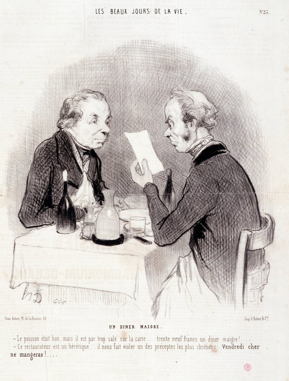 Sevgili hayat hakkında karikatür. “Hayatın Güzel Günleri” serisi: Yalın bir akşam yemeği...” Honore DAUMIER (1808-1879) tarafından yapılan gravür. 18 Ekim tarihli “Le Charivari” gazetesinden alıntı by Honoré Daumier