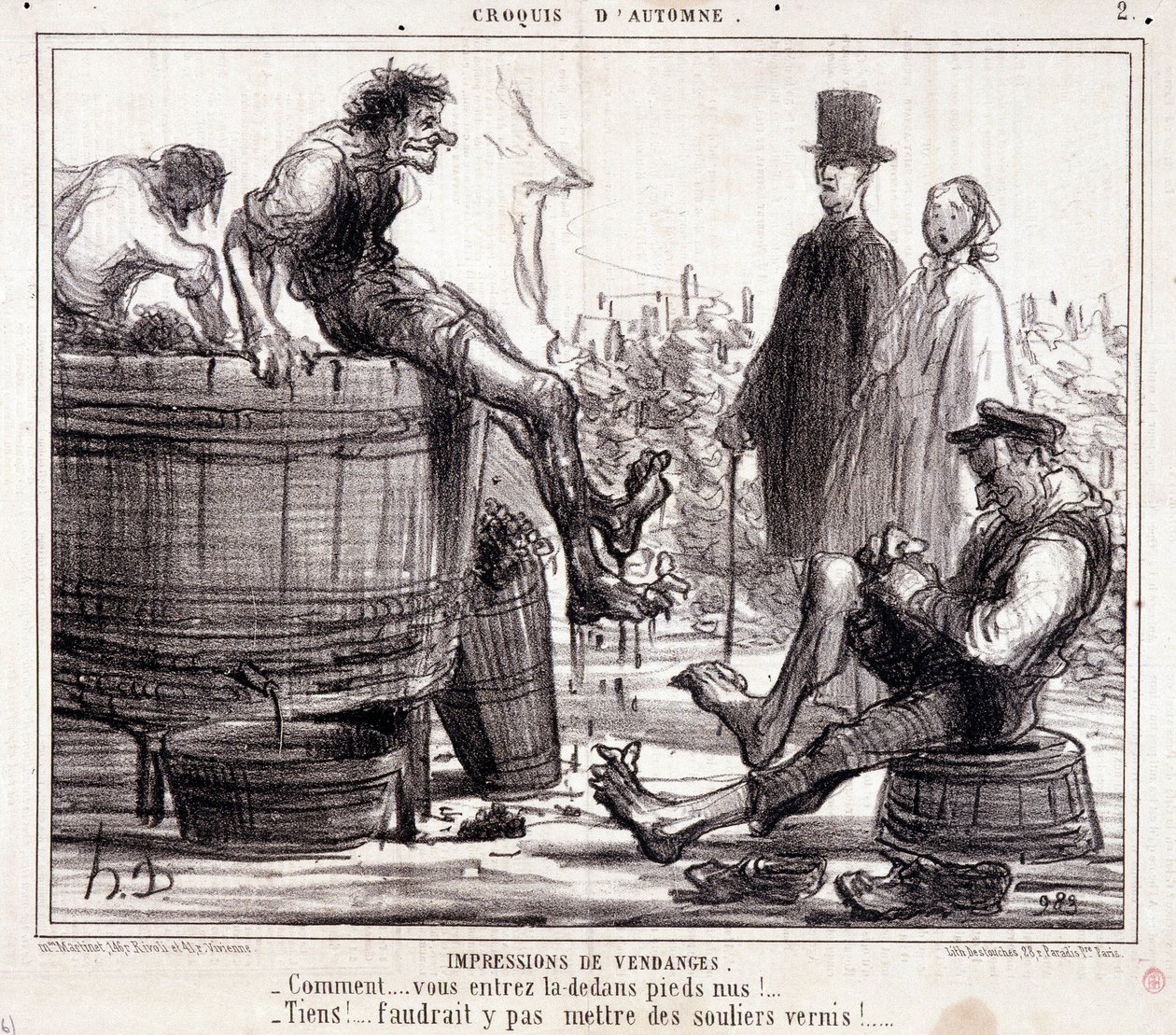 "Sonbahar Taslağı" dizisinden, yalınayak üzümleri çiğneyen biçerdöverler hakkında çizgi film by Honoré Daumier