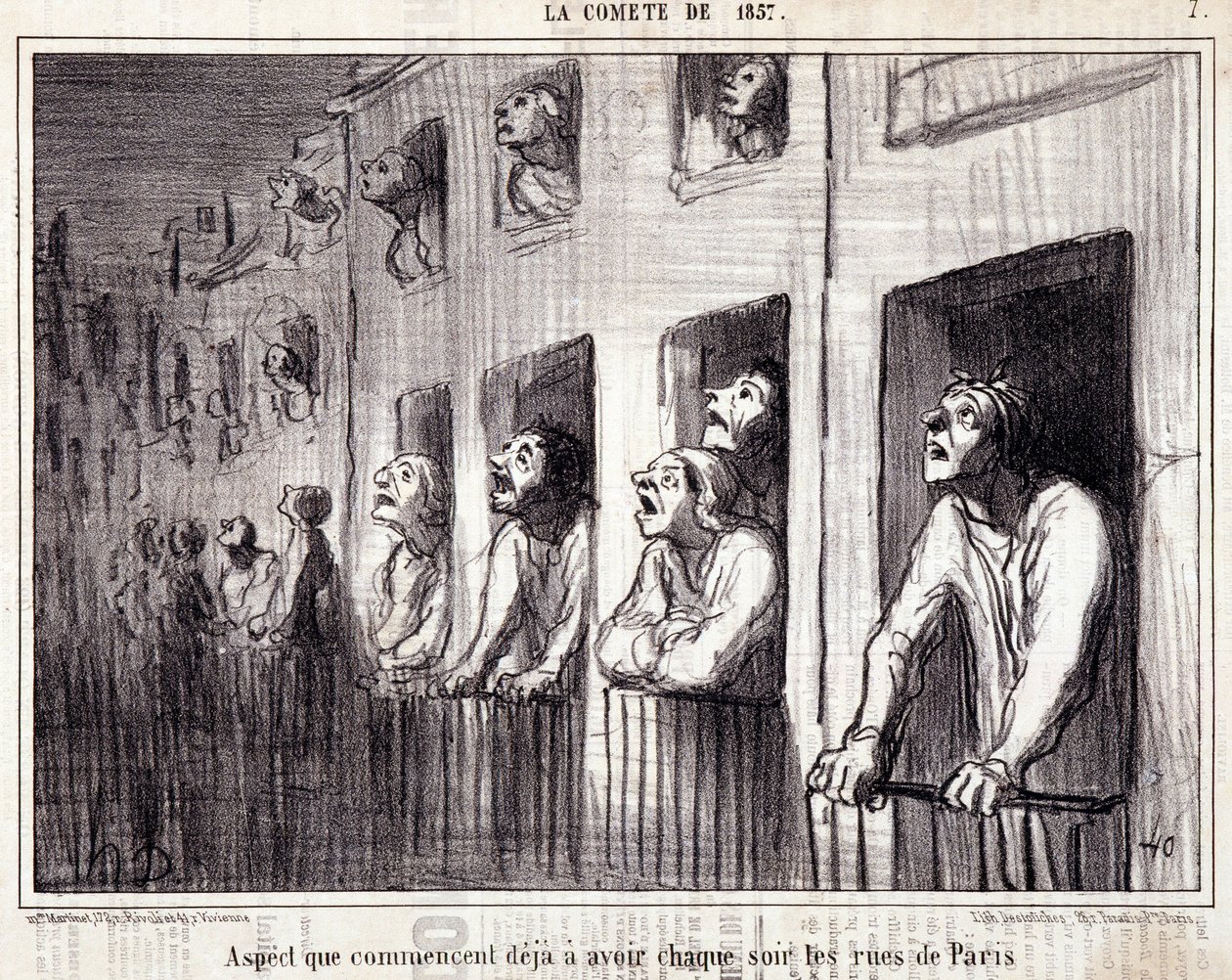 Bilim hakkında karikatür. Serie Sur “” la Comete de 1857””: “” Paris sokaklarında her gece görülmeye başlayan yön””. Honore DAUMIER (1808-1879) tarafından yapılan gravür. “Le Charivari” gazetesinden alıntı. 38x25cm dimi. Inv D - kutu 7 Marsilya, by Honoré Daumier