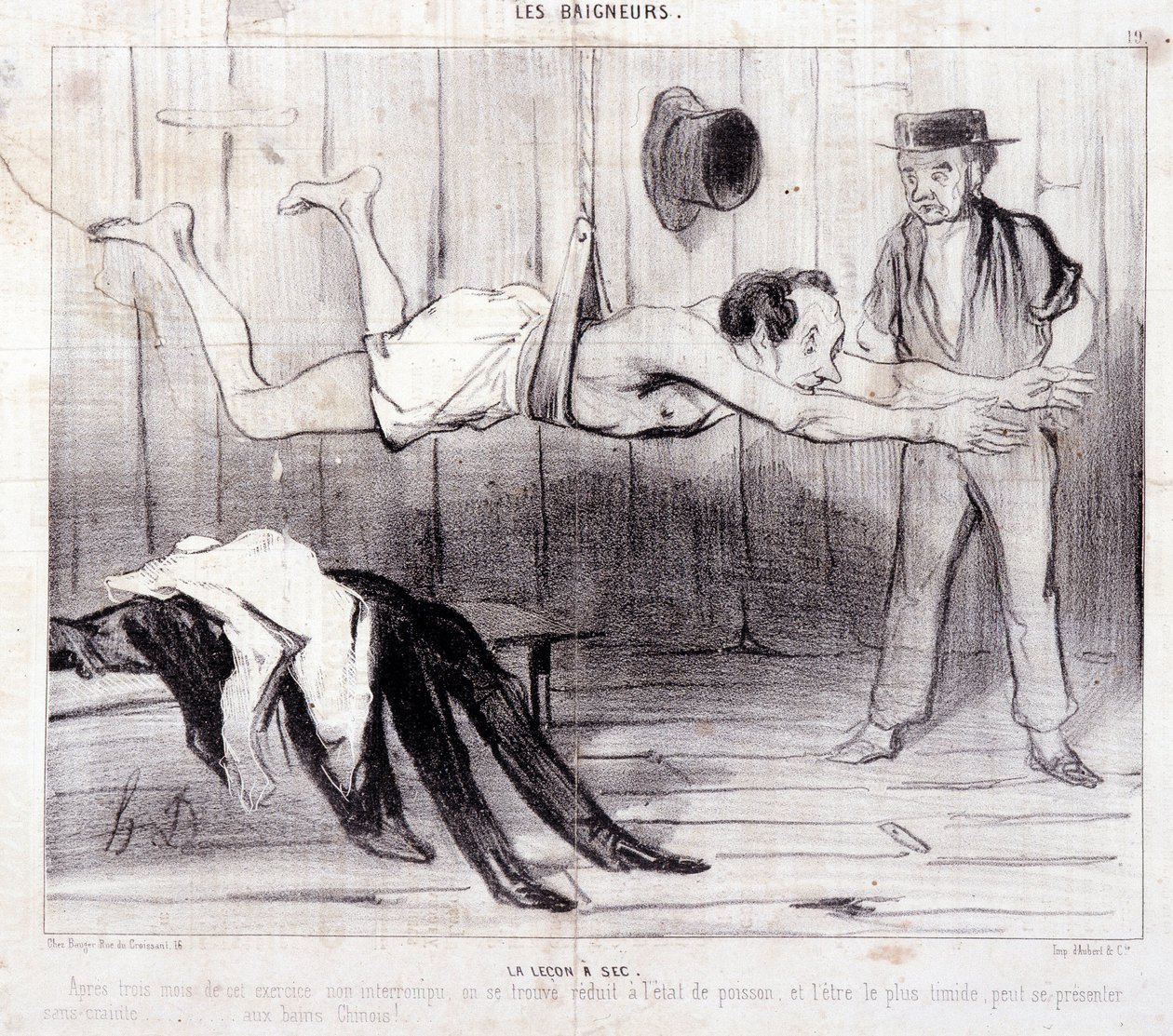 Tatildeki turistler hakkında çizgi film. Seri “” Les Baigneurs””: “” La lecon a dry”””. Seri “” Les Baigneurs””: “” La lecon a dry”””. Honore DAUMIER (1808-1879) tarafından yapılan gravür. “Le Charivari” gazetesinden alıntı. Dim 25x36cm kutu 12 Marsilya, M by Honoré Daumier