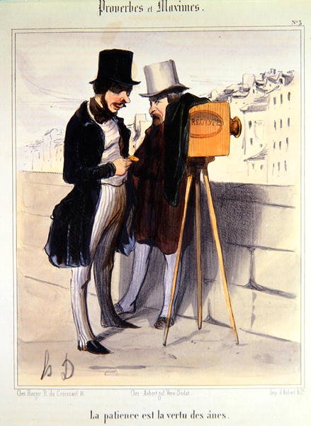 Dagerrotype bir fotoğraf çekmek için gereken sürenin uzunluğuyla alay eden karikatür, c.1840 (renkli taş) by Honoré Daumier