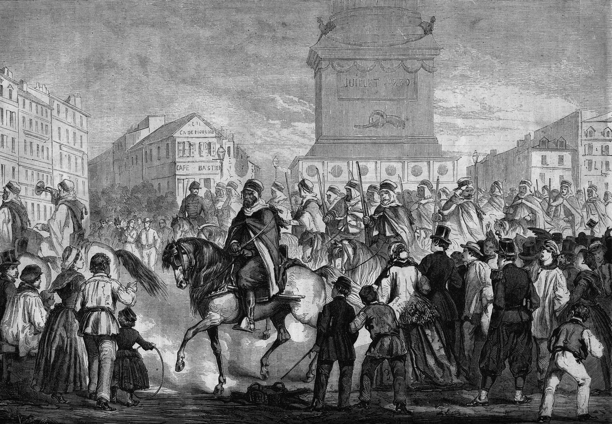 Paris sokaklarında Cezayir sömürge ordusunun spahilerinin geçit töreni (Place de la Bastille pasajı) by Honoré Daumier