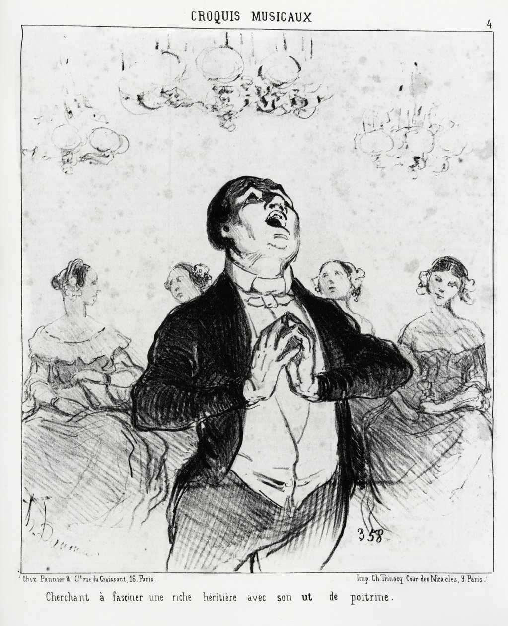 Müzikal skeçler: göğüs kafesi ile zengin bir mirası büyülemek istiyor. Illustration d'Honore Daumier (1808-1879), 14 Şubat 1852 tarihli “Charivari” de yayınlandı. by Honoré Daumier