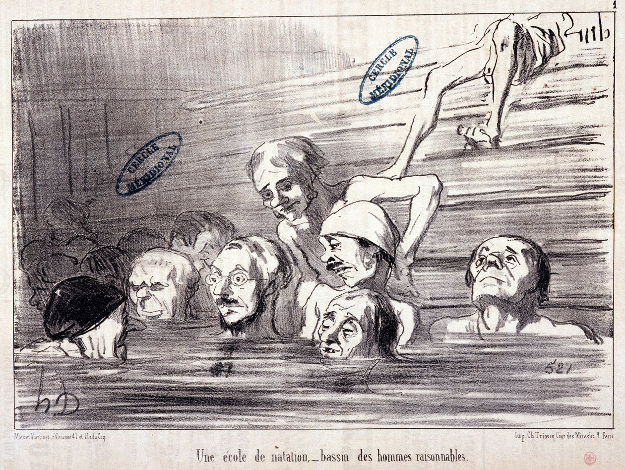 Seri “” Les Bains de Mer””: “” Su taslağı. Bir yüzme okulu, makul adamlardan oluşan bir havuz.” Honore DAUMIER (1808-1879) tarafından yapılan gravür. “Le Charivari” gazetesinden alıntı by Honoré Daumier