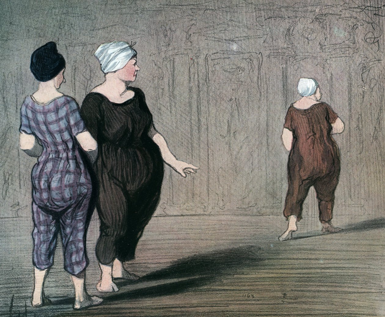 “Les batheuses” serisi mayo giymiş iki kadın bir diğerinin kesimini inceliyor, Honore Daumier (1808-1879) 1844 karikatürü (Yıkananlar: mayo giyen iki bayan, diğerinin beline yukarı ve aşağı bakar) Özel Toplamak by Honoré Daumier