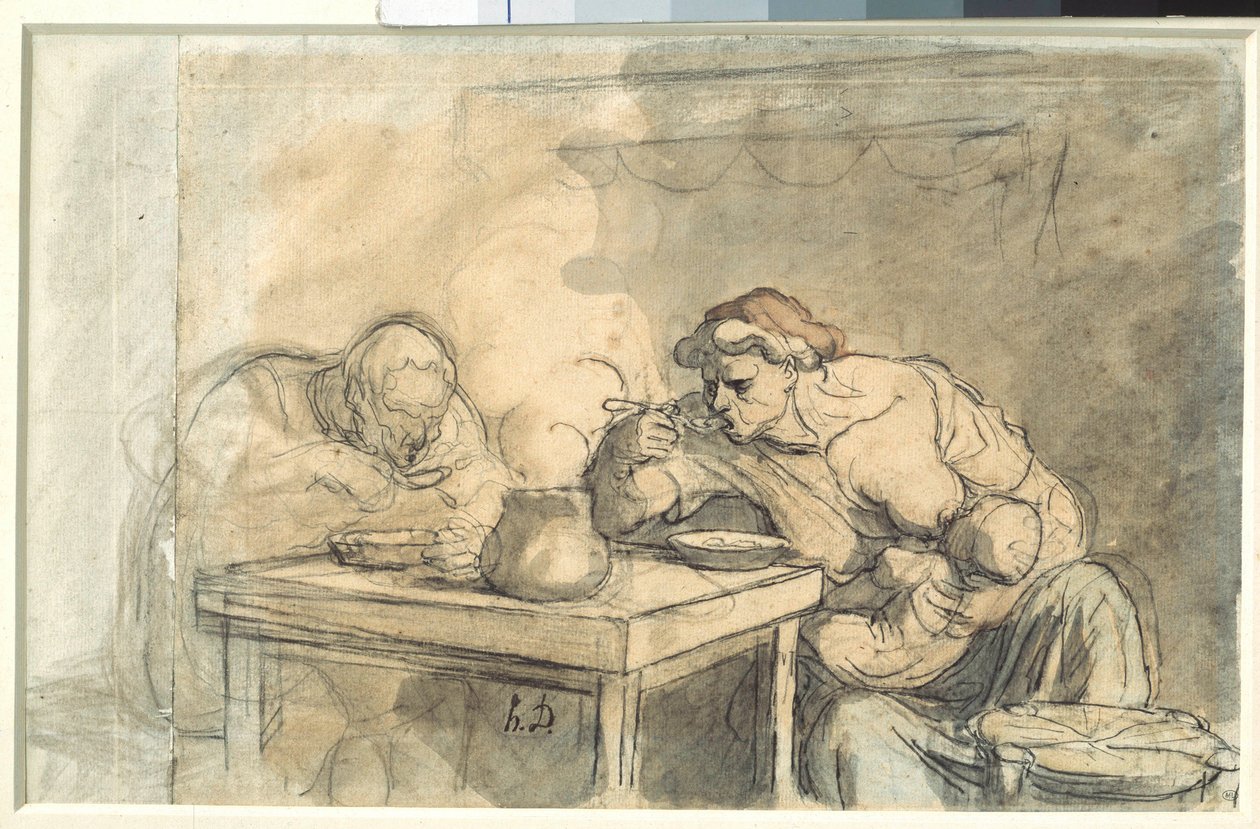 Çorba Bir çift işçi çorba içiyor, anne bebeği emziriyor. Honore Daumier (1808-1879) tarafından suluboya. 1862-1865. karartmak 0,3x0,49 m. Paris, Louvre Müzesi by Honoré Daumier