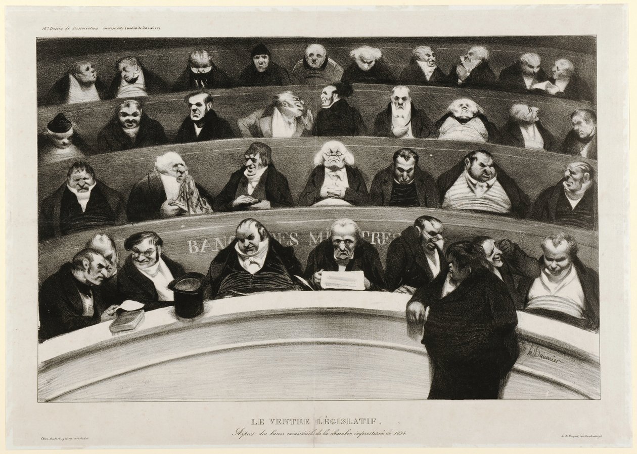 Yasama Göbeği: 1834 Hazırlıksız Odasındaki Bakanlar Sıralarının Görünümü (litografi) by Honoré Daumier