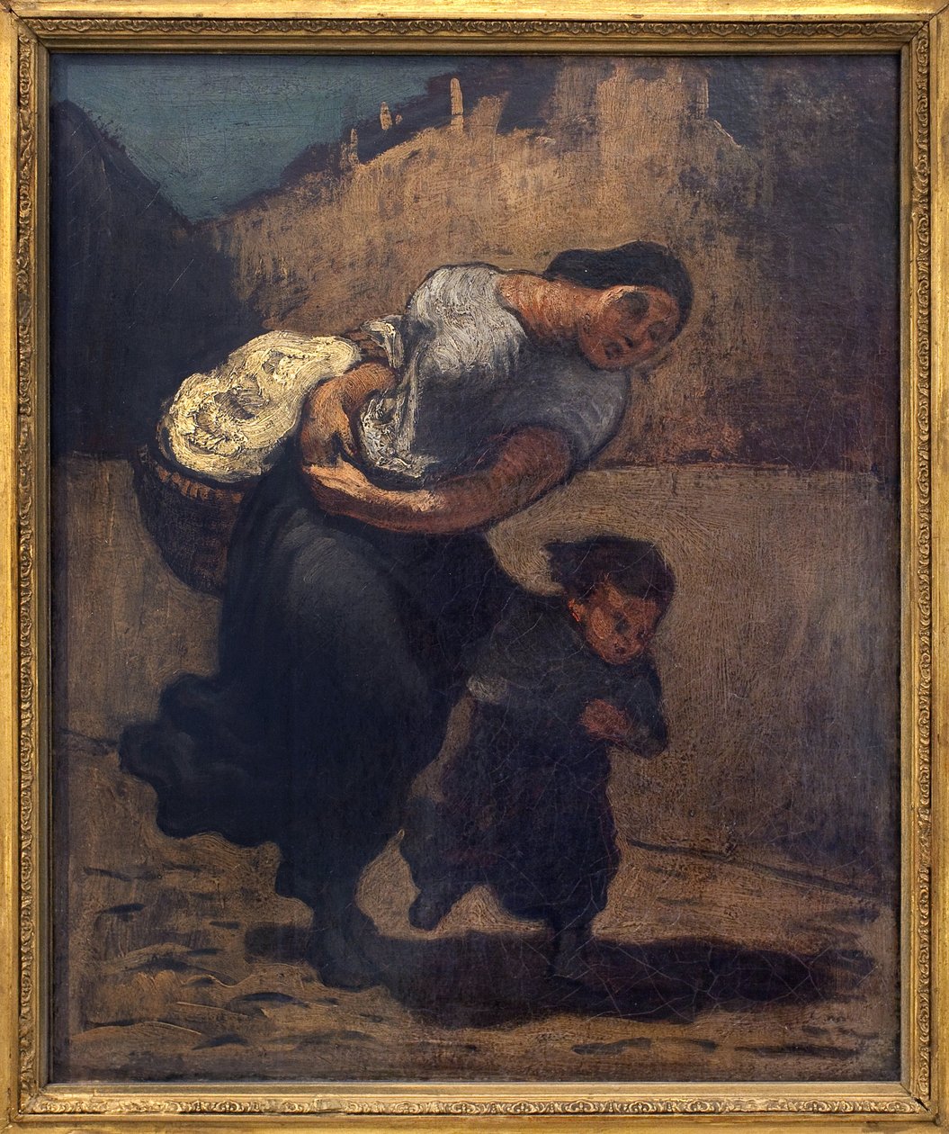 Fırtına (lavanta). Muhtemelen kendini yağmurdan korumak için bir çocukla kısa bir sepet tutan bir kadın. Honore Daumier