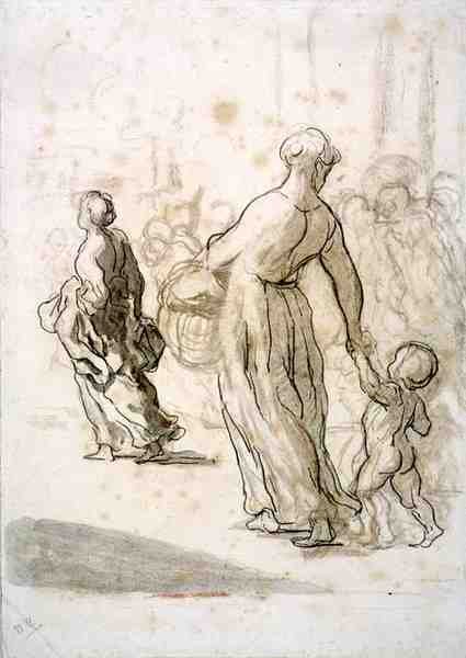 İki Kadın ve Bir Çocuk, c.1848-50 (antika desenli kağıt üzerine tebeşir, karakalem ve guaş) by Honoré Daumier