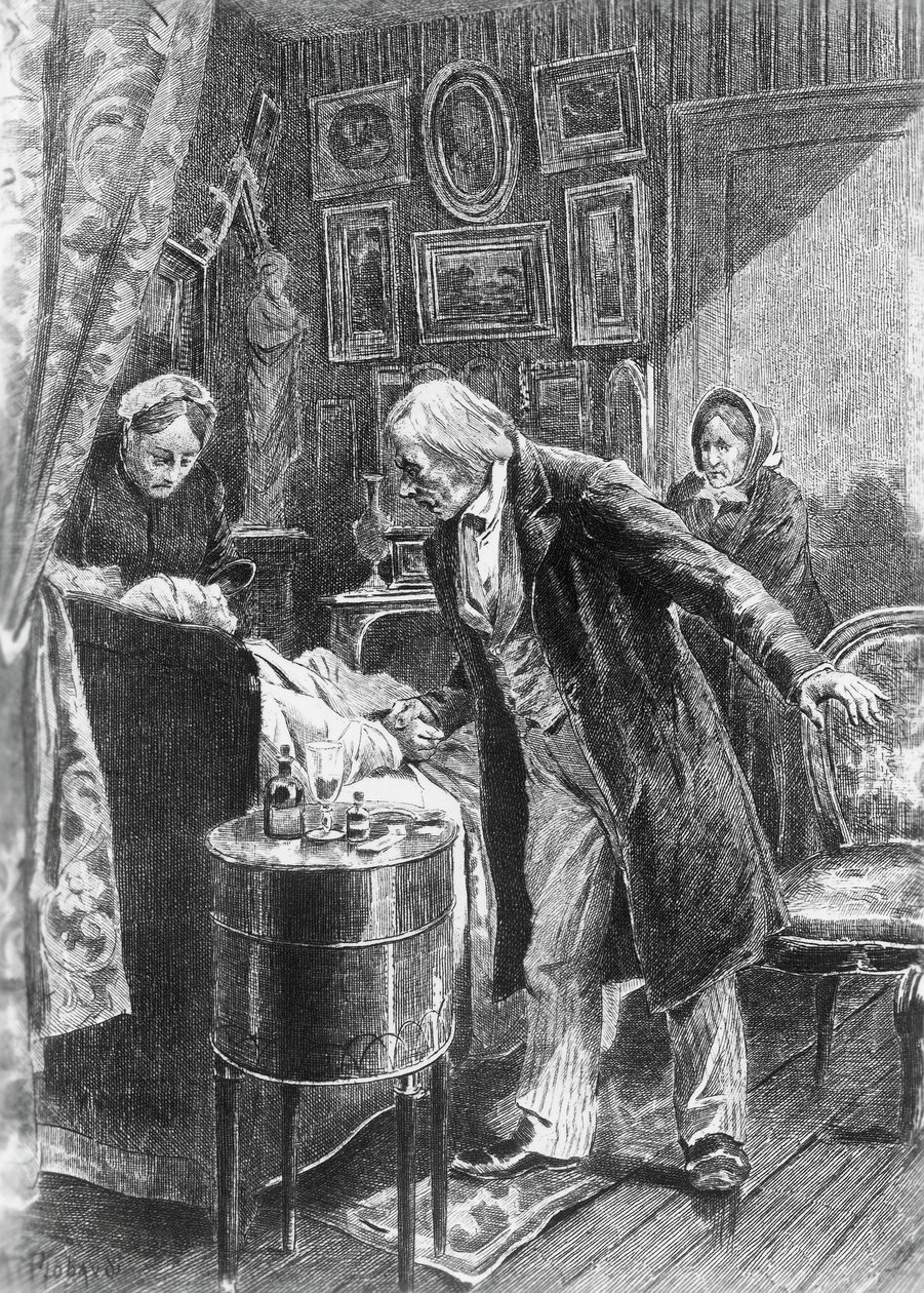 Cousin Pons için Alcide Theophile Robaudi'nin (aktif 1874-1884) illüstrasyonu, Honore de Balzac'ın (1799-1850) romanı, Human Comedy adlı çok ciltli koleksiyondan, 1900'de Paris'te yayınlandı by Honore de Balzac