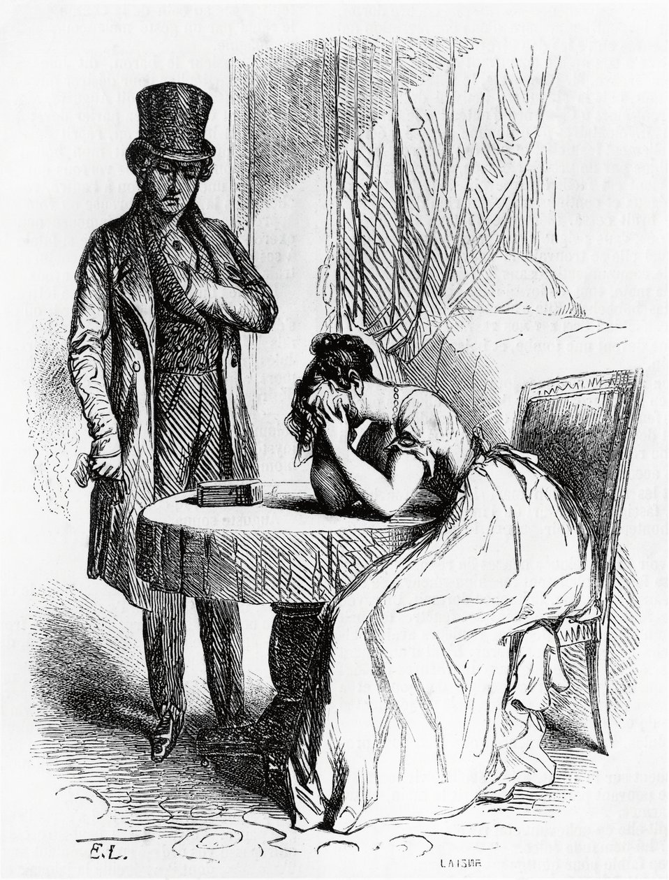 Adamın bakışları altında umutsuzluğa kapılan kadın, Honore de Balzac'ın Ferragus'tan illüstrasyonu (1799-1850), Fransızca baskı by Honore de Balzac