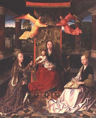 Madonna, St. Catherine ve St. Barbara ile Enthroned (tuval üzerine yağlı boya) by Hoogstraeten Master