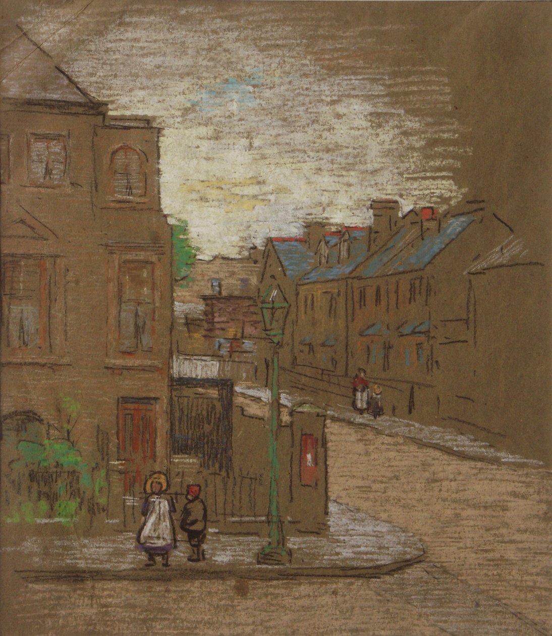 Bir sokağın köşesinde bekleyen çocuklar, 1900 civarı (kahverengi kağıt üzerine renkli tebeşir) by Horace Mann Livens