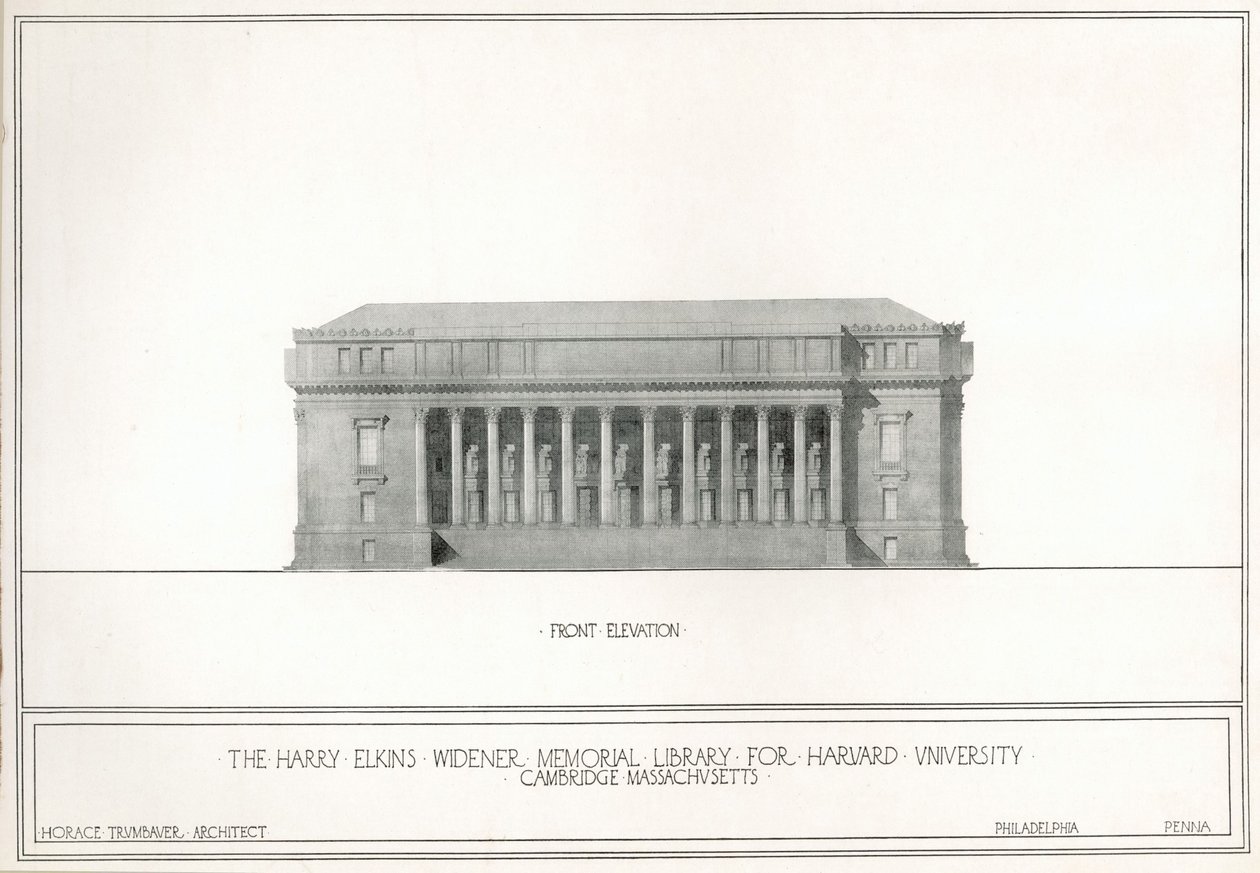 Ön cephe, Harvard Üniversitesi, Cambridge, Massachusetts için Harry Elkins Widener Memorial Library (lito) by Horace Trumbauer