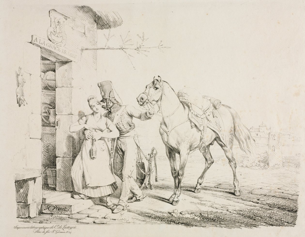 Bir Hizmetkarı Kucaklayan Bir Hussar. by Emile Jean Horace Vernet