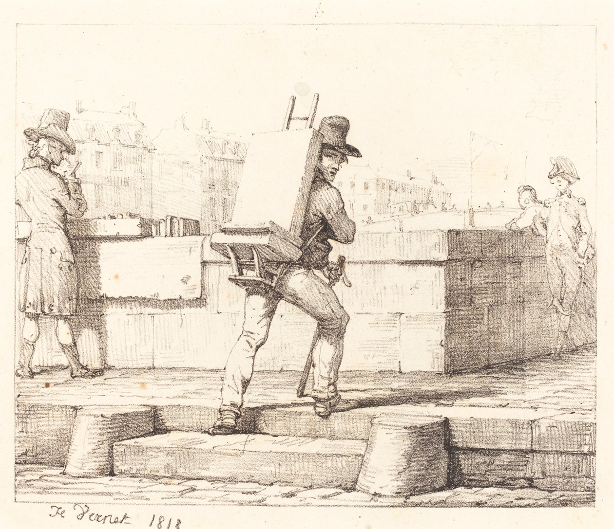 Litografik Taşlı Şövale Taşıyan Sanatçı by Emile Jean Horace Vernet