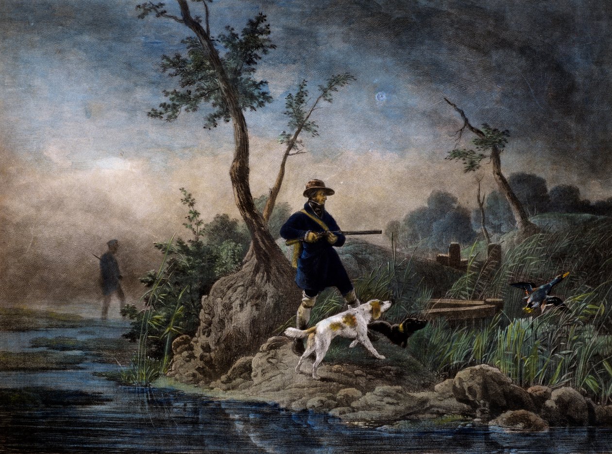 Bataklıkta ördek avı, Horace Vernet (1789-1863) tarafından acıya dayalı gravür by Emile Jean Horace Vernet