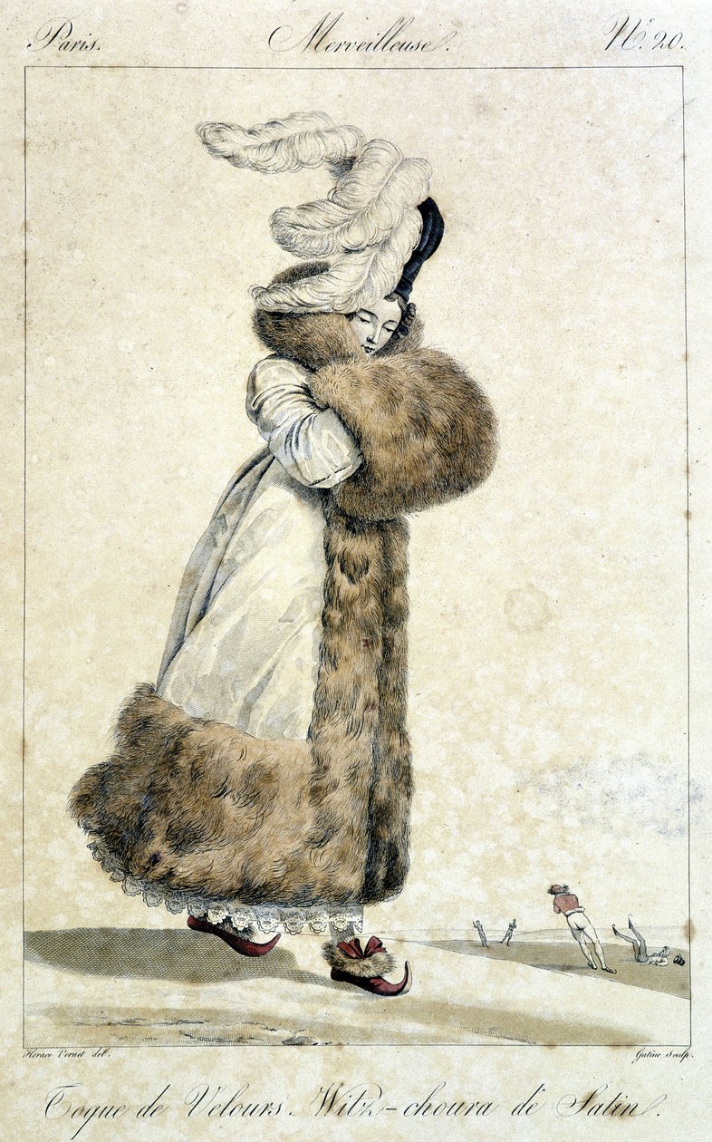 Palto ve tüylü kadife şapka giyen zarif kadın. Horace Vernet (1789 - 1863) tarafından 1810 dolaylarında bir “Harika”nın 20 numarası için kadın moda illüstrasyonu. by Emile Jean Horace Vernet