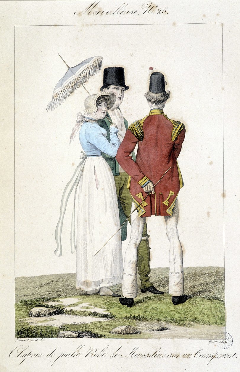 Horace vernet (1789 - 1863) tarafından 1810 civarında yapılan ve feminen modayı (hasır şapka ve şifon elbise) ve erkeksi temsil eden bir “Muhteşem”in 25 sayısı için yapılan moda gravürü. by Emile Jean Horace Vernet