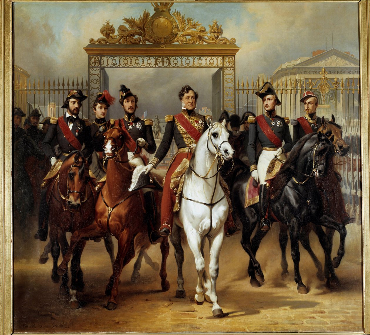 Kral Louis-Philippe I (Louis Philippe), mahkemelerde askeri bir incelemeden geçtikten sonra Versailles kalesinin şeref ızgarasından çıkan beş oğlunu çevreliyor 10/06/1837 Tablo Horace Vernet (1789-1863) 1846 Sun. 3,6x3,9 m. - Fransız Kralı Louis by Emile Jean Horace Vernet