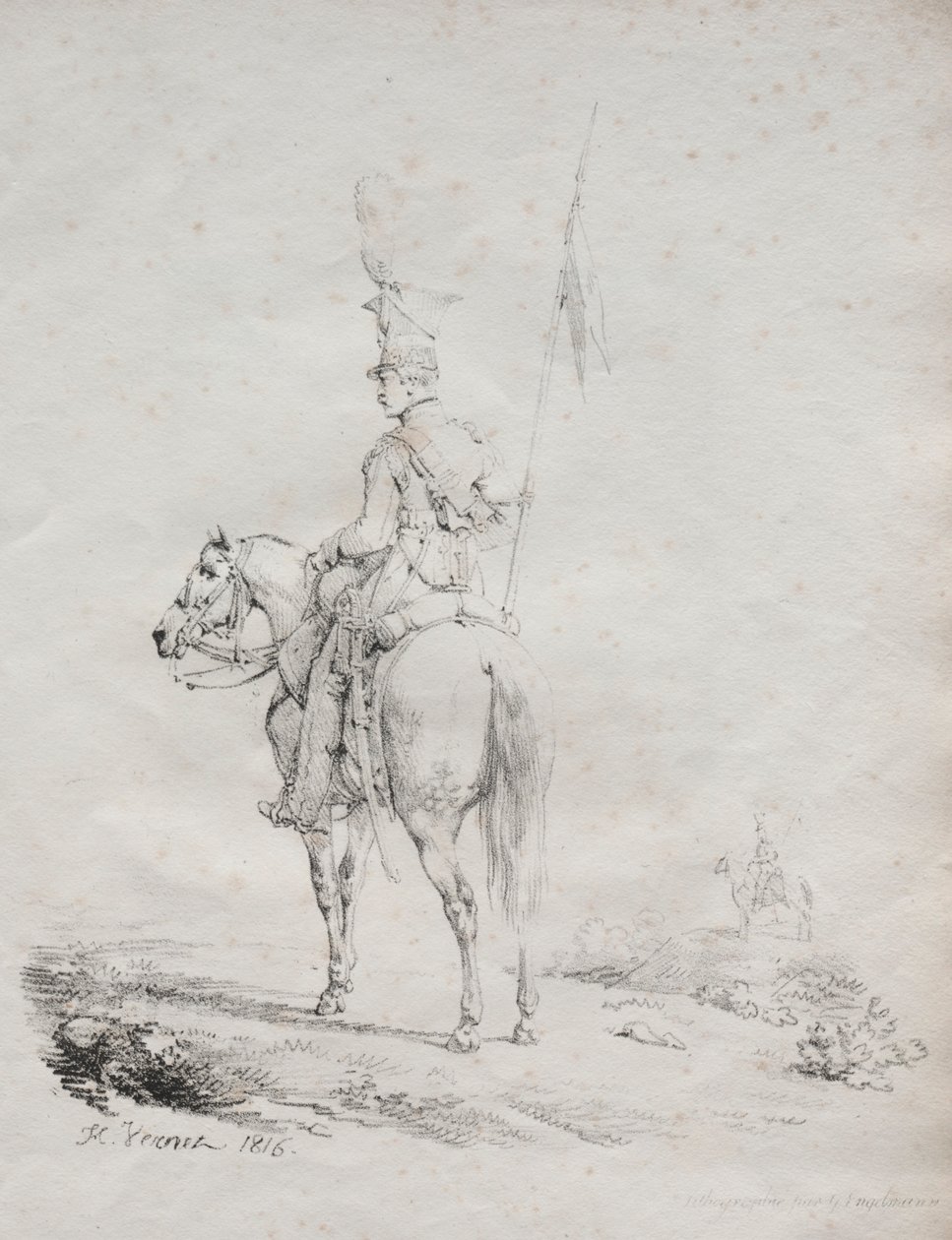 Litografik denemeler koleksiyonu: Le Lancier en Vedette, 1816. by Emile Jean Horace Vernet