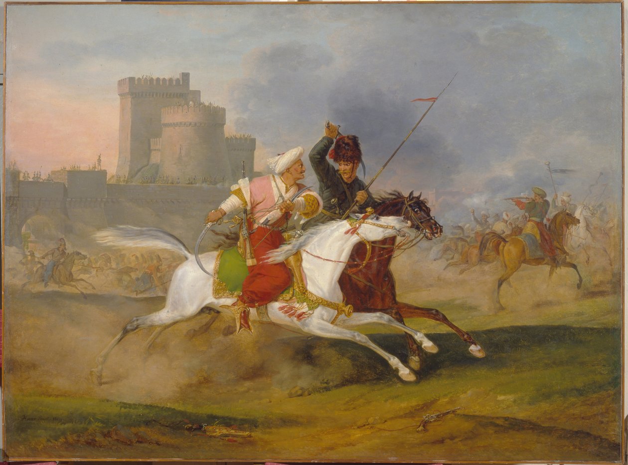 Türk ve Kazak - Horace Vernet (1789-1863), tuval üzerine yağlı boya by Emile Jean Horace Vernet