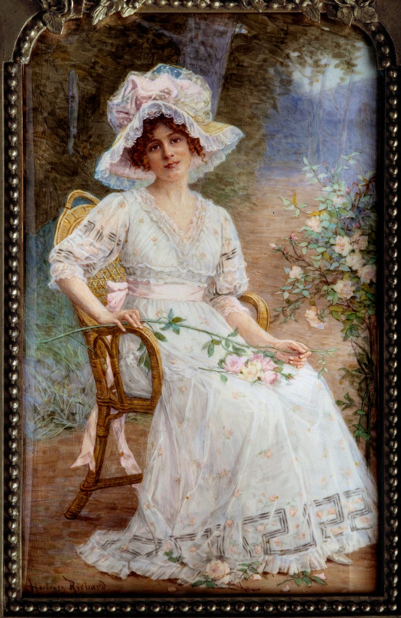 Bahçede oturan genç kadın Fildişi üzerine minyatür Hortense Richard (1860