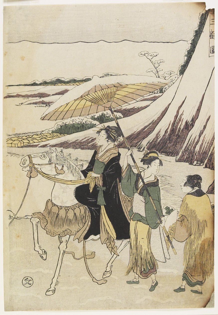 Bir Geçitte Yolculuk Eden Üç Kadın, 1794-96 (renkli tahta baskı) by Hosoda Eiri