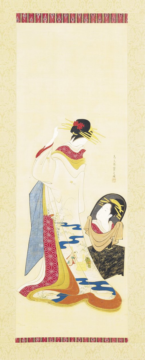 Aynaya Bakan Güzel (ipek üzerine mürekkep ve renkli) by Hosoda Eishi