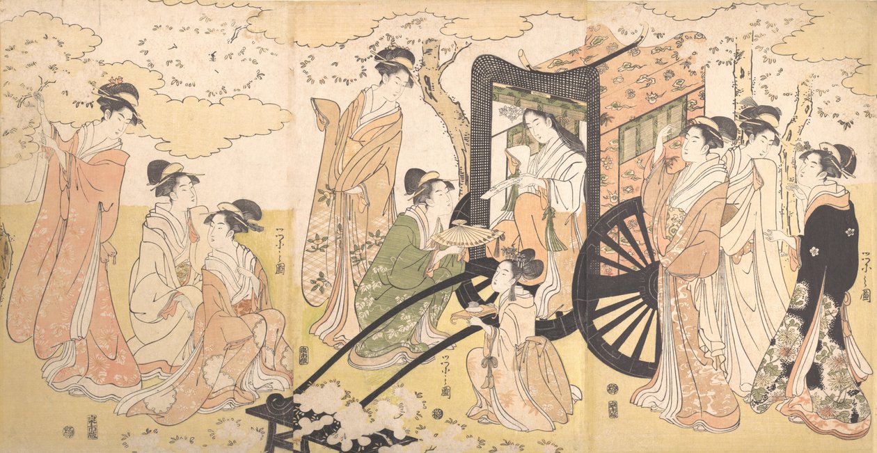 Soylu Bir Hanımefendi ve Görevlileri Tarafından Kiraz Seyir Gezisi, ca. 1797. by Hosoda Eishi