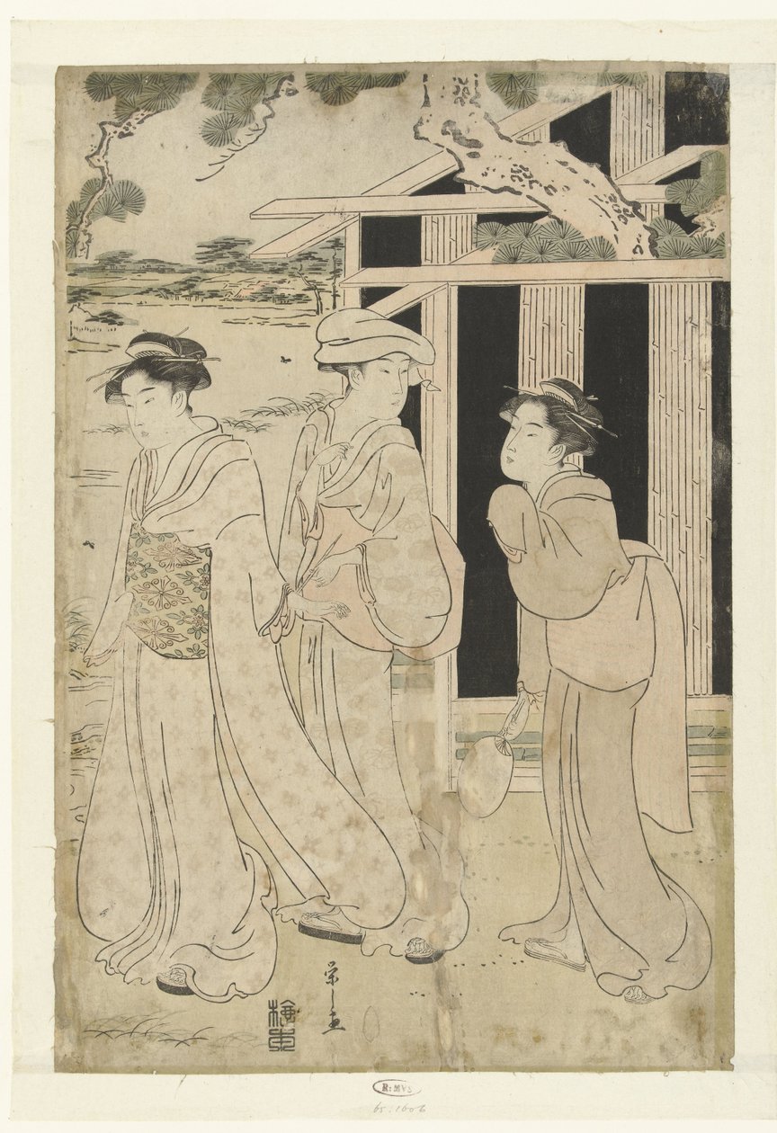 Göl kenarında yürüyen üç kadın by Hosoda Eishi