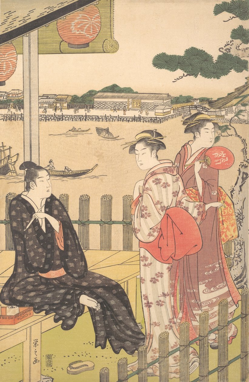 Sumida Nehri kıyısındaki bir Çayevinde grup, yaklaşık. 1790. by Hosoda Eishi