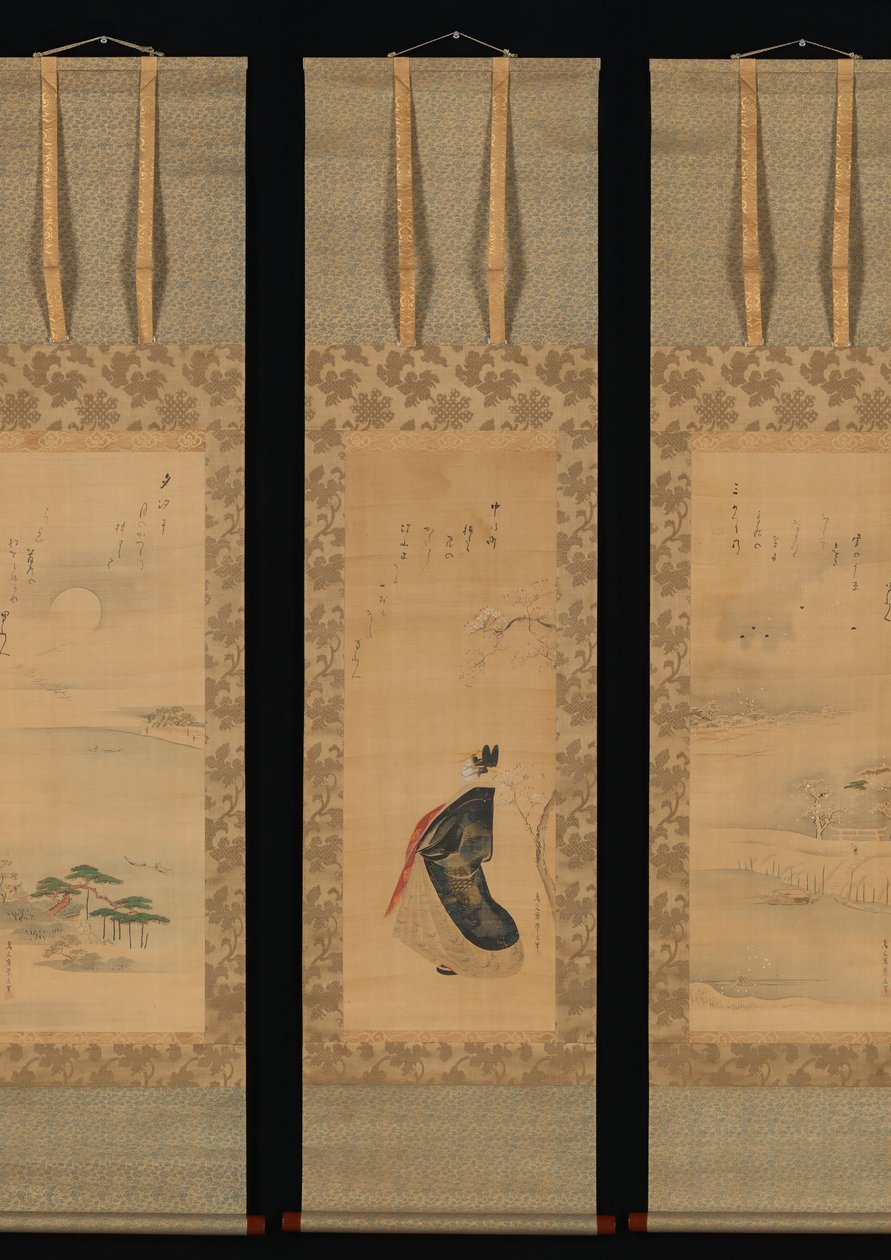 Üç Mevsimde Kar, Ay ve Kiraz Çiçekleri Yoshiwara, 19. yüzyılın başlarında. by Hosoda Eishi