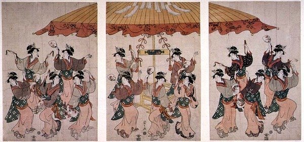 Sumiyoshi Dansı, triptik, c.1791 (renkli tahta baskı) by Hosoda Eishi