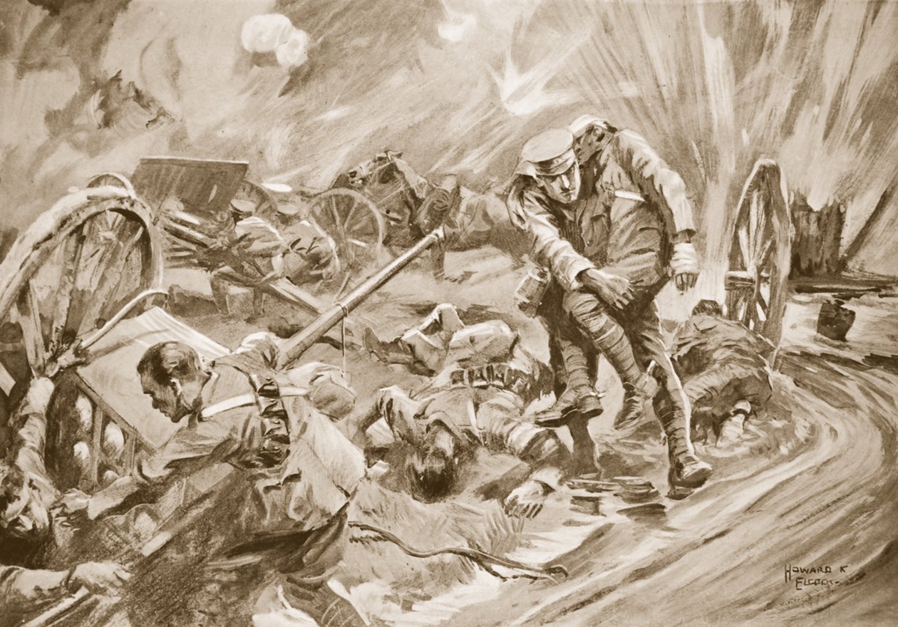 Kaptan W. Allen, kendisi yaralandıktan sonra mühimmat patlaması sonucu yaralanan adamlara yardım ediyor by Howard K. Elcock