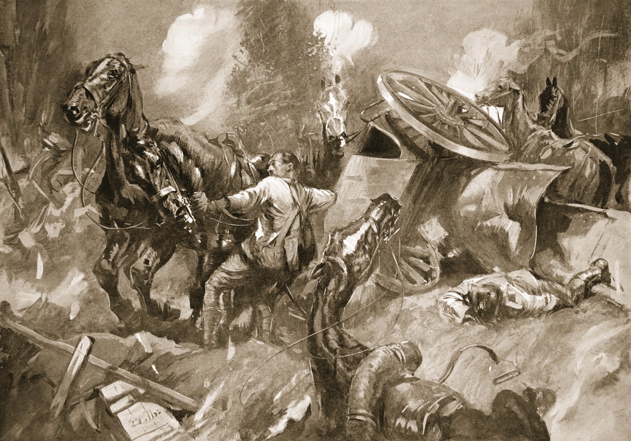 Sürücü Tanser, ağır top ateşi altında atları kurtarıyor by Howard K. Elcock