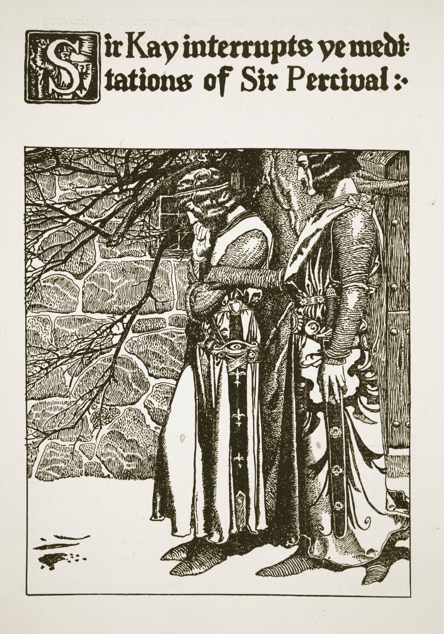Sir Kay, Sir Percival'in meditasyonlarını bölüyor, 'Yuvarlak Masa Şampiyonlarının Hikayesi'nden bir örnek by Howard Pyle