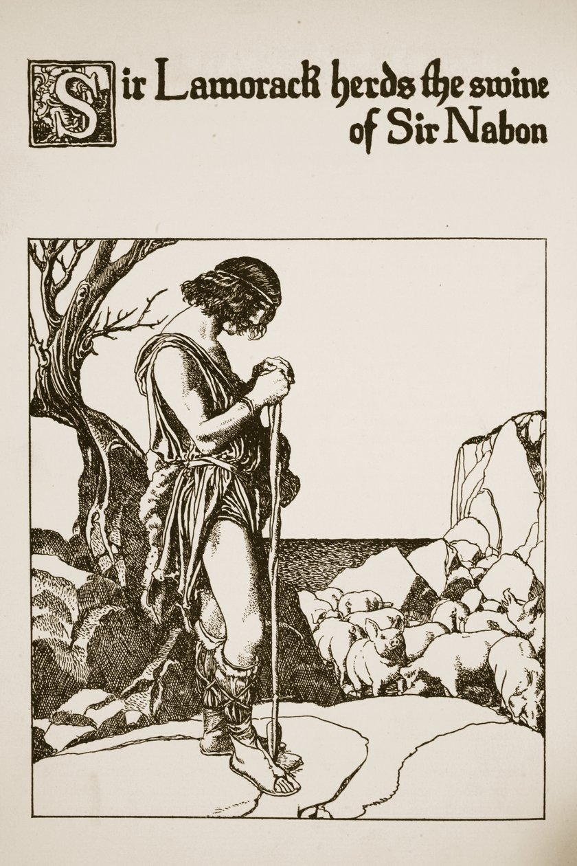 Sir Lamorack, Sir Nabon'un domuzunu güdüyor, "Yuvarlak Masa Şampiyonlarının Hikayesi"nden bir örnek by Howard Pyle